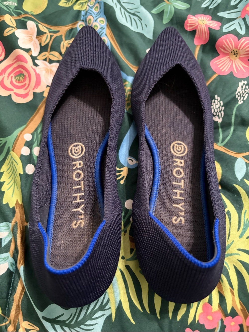 Rothy's Navy Flats with Bright Blue Trim - Pointed Toe